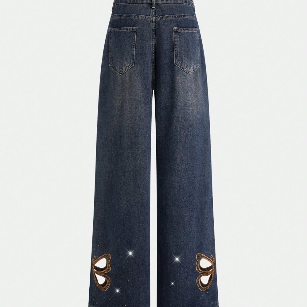 Blue Elegant Women's High Waist Wide Leg Flare Trousers - Picture 3 of 9